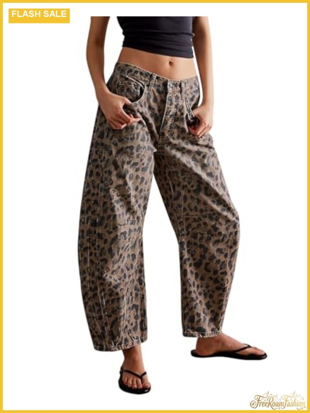 Women's Baggy Cropped Barrel Jeans Leopard Print Denim Pants Y2K Vintage